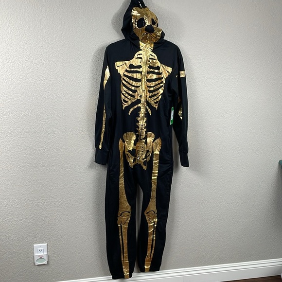 NWT Tipsy Elves Gold Skeleton Costume Zip Hood Onesie Jumpsuit Black Sz M - Picture 3 of 14